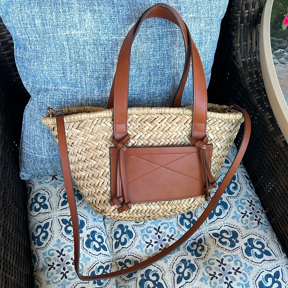 MANGO Double Strap Basket Bag straw with faux leather tan brown